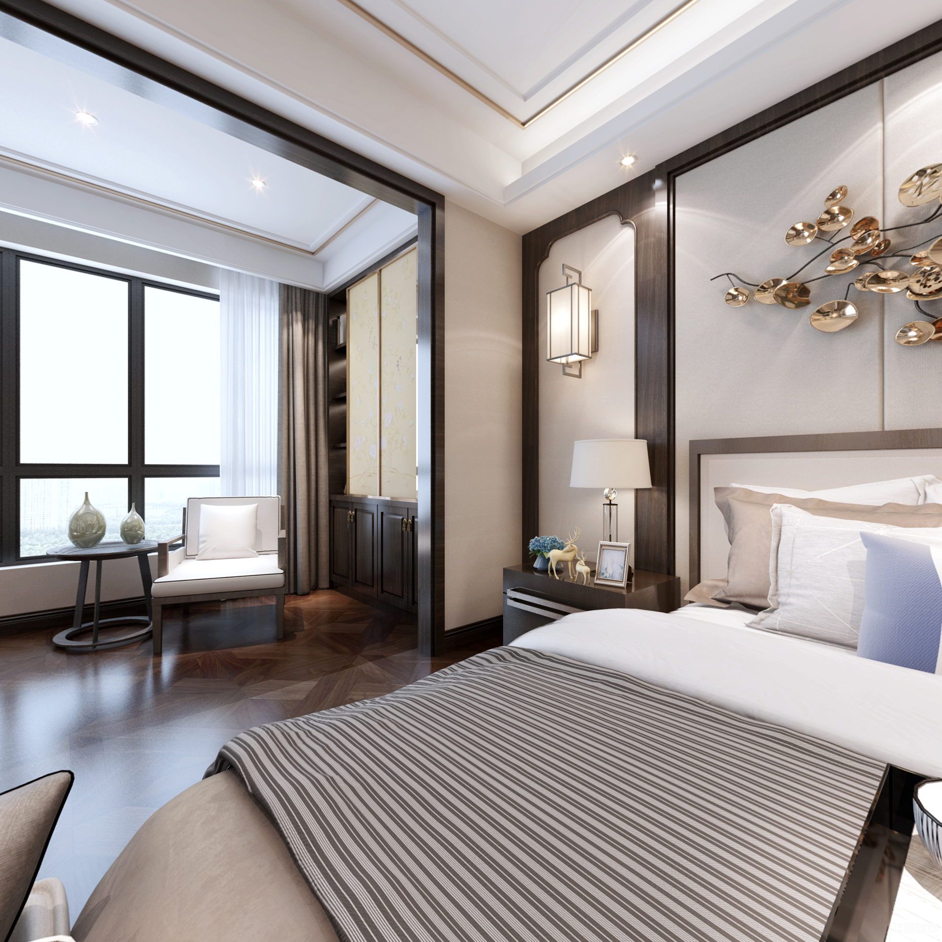 新中式风格卧室装饰全景3D模型下载